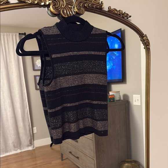 House of Harlow 1960 Tops - House of Harlow 1960 Black and Metallic Striped Ribbed Sleeveless Knit Tank
